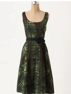Maeve Anthropologie green painted plaid dress size 6